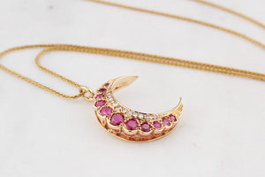 RETRO RUBY & DIAMOND CRESCENT MOON PENDANT 9ct GOLD