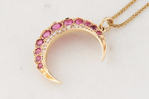 RETRO RUBY & DIAMOND CRESCENT MOON PENDANT 9ct GOLD
