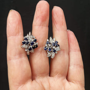 VINTAGE c1940 SAPPHIRE & DIAMOND EARRINGS 18ct WHITE GOLD