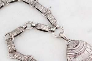 ANTIQUE EDWARDIAN 1908 STERLING SILVER BOOK CHAIN & LOCKET