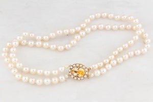 MID-CENTURY 1965 DOUBLE PEARL STRAND WITH CITRINE CLASP 9ct GOLD