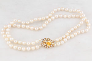 MID-CENTURY 1965 DOUBLE PEARL STRAND WITH CITRINE CLASP 9ct GOLD