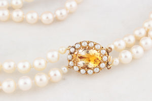 MID-CENTURY 1965 DOUBLE PEARL STRAND WITH CITRINE CLASP 9ct GOLD