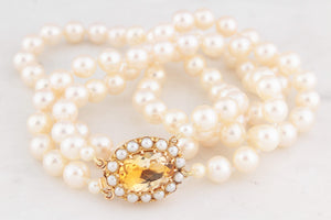 MID-CENTURY 1965 DOUBLE PEARL STRAND WITH CITRINE CLASP 9ct GOLD