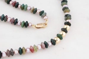 BESPOKE MOSS AGATE & PEARL NECKLACE 9ct GOLD