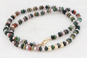 BESPOKE MOSS AGATE & PEARL NECKLACE 9ct GOLD