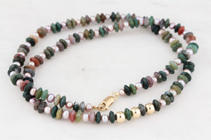 BESPOKE MOSS AGATE & PEARL NECKLACE 9ct GOLD