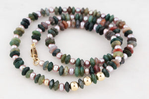 BESPOKE MOSS AGATE & PEARL NECKLACE 9ct GOLD
