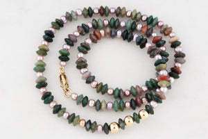 BESPOKE MOSS AGATE & PEARL NECKLACE 9ct GOLD