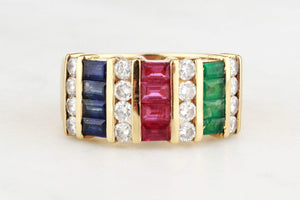 RETRO 80's EMERALD RUBY DIAMOND & SAPPHIRE RING 18ct GOLD