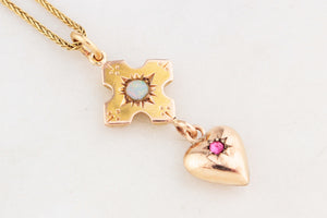 ANTIQUE OPAL & RUBY PENDANT 9ct GOLD
