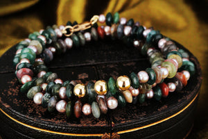 BESPOKE MOSS AGATE & PEARL NECKLACE 9ct GOLD