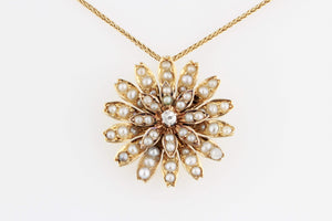 ANTIQUE VICTORIAN DIAMOND & SEED PEARL PENDANT 15ct GOLD