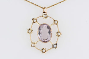 ANTIQUE EDWARDIAN ROSE De FRANCE AMETHYST & SEED PEARL PENDANT 9ct GOLD