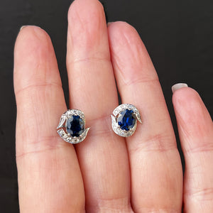VINTAGE c1940 SAPPHIRE & DIAMOND EARRINGS 18ct WHITE GOLD