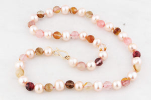 BESPOKE BLUSH PEARL & TOURMALINE IN QUARTZ NECKLACE 9ct GOLD