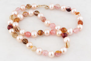 BESPOKE BLUSH PEARL & TOURMALINE IN QUARTZ NECKLACE 9ct GOLD