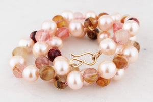 BESPOKE BLUSH PEARL & TOURMALINE IN QUARTZ NECKLACE 9ct GOLD