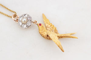 ANTIQUE DIAMOND, PEARL & RUBY SWALLOW PENDANT 15 & 18ct GOLD