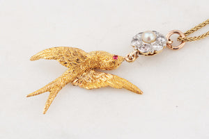 ANTIQUE DIAMOND, PEARL & RUBY SWALLOW PENDANT 15 & 18ct GOLD