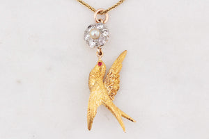 ANTIQUE DIAMOND, PEARL & RUBY SWALLOW PENDANT 15 & 18ct GOLD