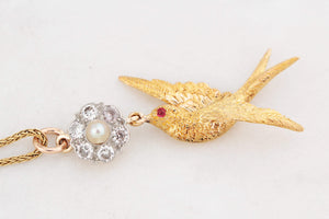 ANTIQUE DIAMOND, PEARL & RUBY SWALLOW PENDANT 15 & 18ct GOLD