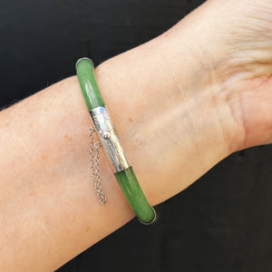 VINTAGE HINGED JADE AND STERLING SILVER BRACELET