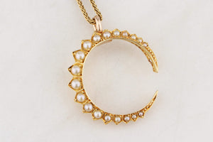 ANTIQUE EDWARDIAN SEED PEARL CRESCENT MOON PENDANT 15ct GOLD