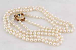 VINTAGE DOUBLE STRAND PEARLS TOPAZ & DIAMOND CLASP 18ct GOLD