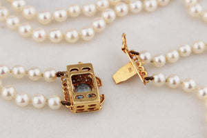 VINTAGE DOUBLE STRAND PEARLS TOPAZ & DIAMOND CLASP 18ct GOLD