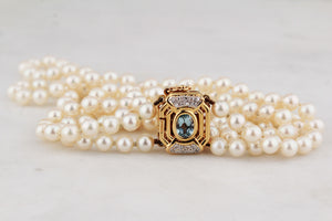 VINTAGE DOUBLE STRAND PEARLS TOPAZ & DIAMOND CLASP 18ct GOLD