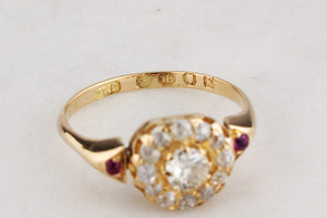 VICTORIAN 1885 DIAMOND & RUBY CLUSTER RING 18ct GOLD
