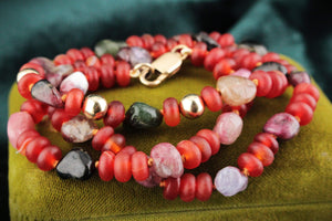 BESPOKE RED AGATE & TOURMALINE NECKLACE 9ct GOLD