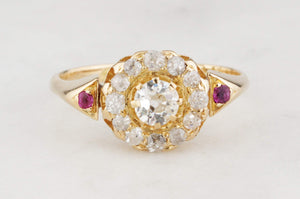 VICTORIAN 1885 DIAMOND & RUBY CLUSTER RING 18ct GOLD