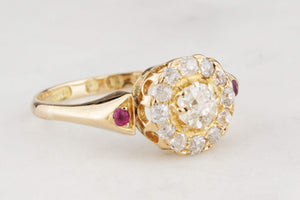 VICTORIAN 1885 DIAMOND & RUBY CLUSTER RING 18ct GOLD