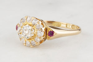 VICTORIAN 1885 DIAMOND & RUBY CLUSTER RING 18ct GOLD