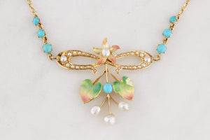 ART NOUVEAU TURQUOISE PEARL & ENAMEL NECKLACE 15ct GOLD