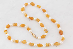 BESPOKE HONEY JADE & PEARL NECKLACE 9ct GOLD