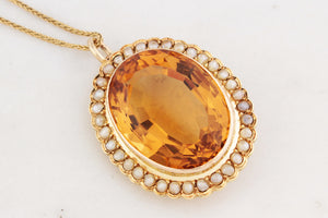 ANTIQUE VICTORIAN 28ct CITRINE & SEED PEARL PENDANT 15ct GOLD