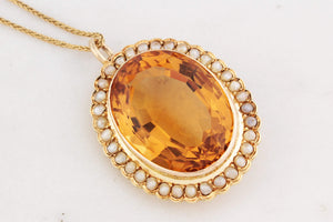 ANTIQUE VICTORIAN 28ct CITRINE & SEED PEARL PENDANT 15ct GOLD