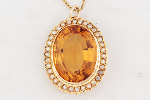 ANTIQUE VICTORIAN 28ct CITRINE & SEED PEARL PENDANT 15ct GOLD
