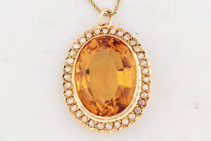ANTIQUE VICTORIAN 28ct CITRINE & SEED PEARL PENDANT 15ct GOLD