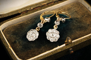ANTIQUE DIAMOND DAISY EARRINGS PALLADIUM & 18ct GOLD