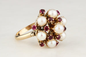 VINTAGE c1940’s RUBY & PEARL PRINCESS RING 14ct GOLD