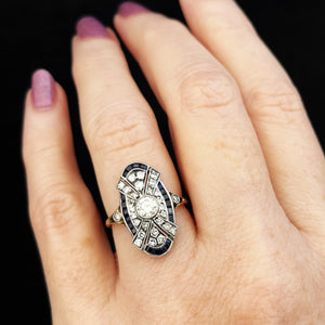 ANTIQUE ART DECO SAPPHIRE & DIAMOND RING 18ct GOLD