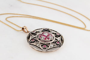 ANTIQUE VICTORIAN c1880 RUBY & DIAMOND PENDANT 9ct GOLD & SILVER