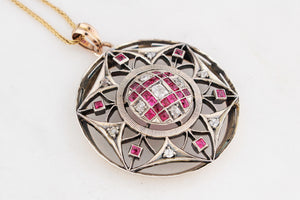 ANTIQUE VICTORIAN c1880 RUBY & DIAMOND PENDANT 9ct GOLD & SILVER