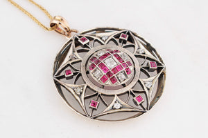 ANTIQUE VICTORIAN c1880 RUBY & DIAMOND PENDANT 9ct GOLD & SILVER