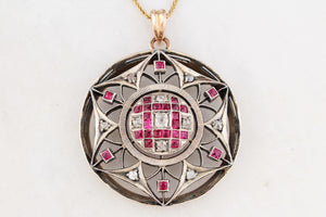 ANTIQUE VICTORIAN c1880 RUBY & DIAMOND PENDANT 9ct GOLD & SILVER