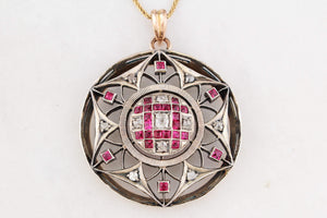 ANTIQUE VICTORIAN c1880 RUBY & DIAMOND PENDANT 9ct GOLD & SILVER
